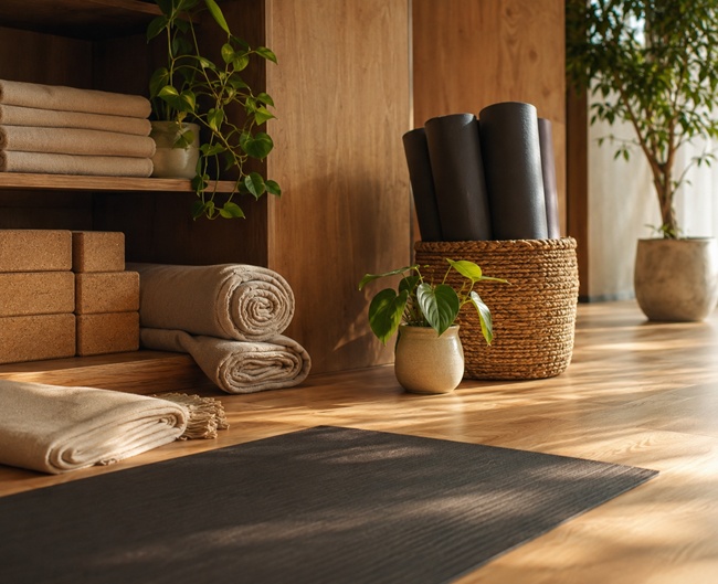 Yoga studio detail with rolled mats, yoga mat blocks, and plants on warm wood